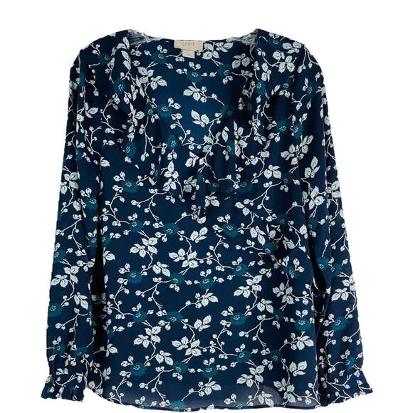 Loft blue white floral ruffle chiffon cottagecore office blouse MP - Picture 1 of 9